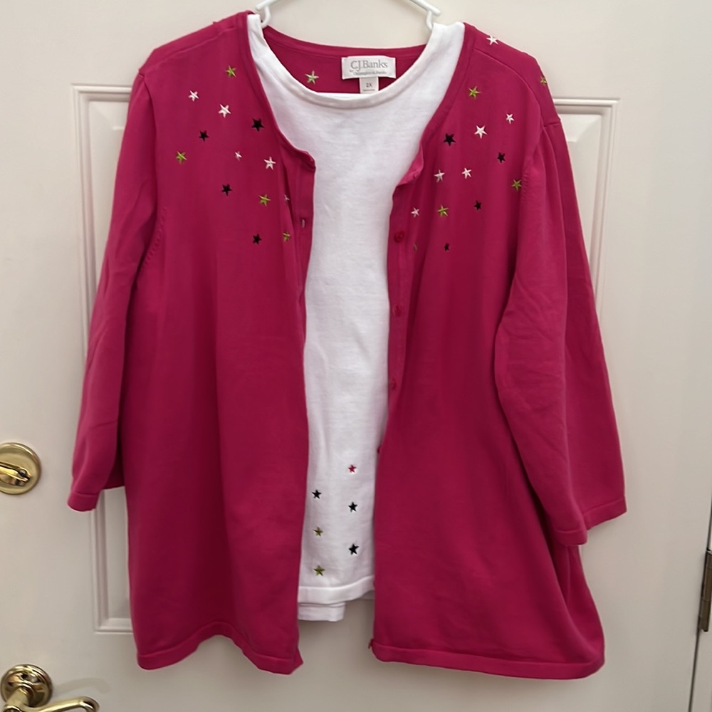 C J Banks Women’s Pink Sweater Set Embellished with multi-colored Stars.…